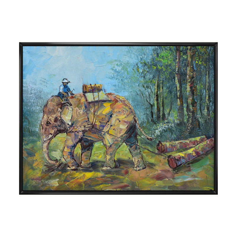 Rétro vie d'éléphant d'Asie rétro - peinture sur toile, H 8 po x l 12 po x P 1 po, Cadre flottant noir