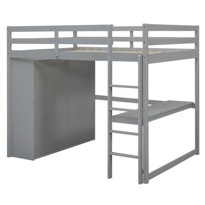 Wood Full Size Loft Bed With Built-In Wardrobe, Desk, Storage Shelves And Drawers, White