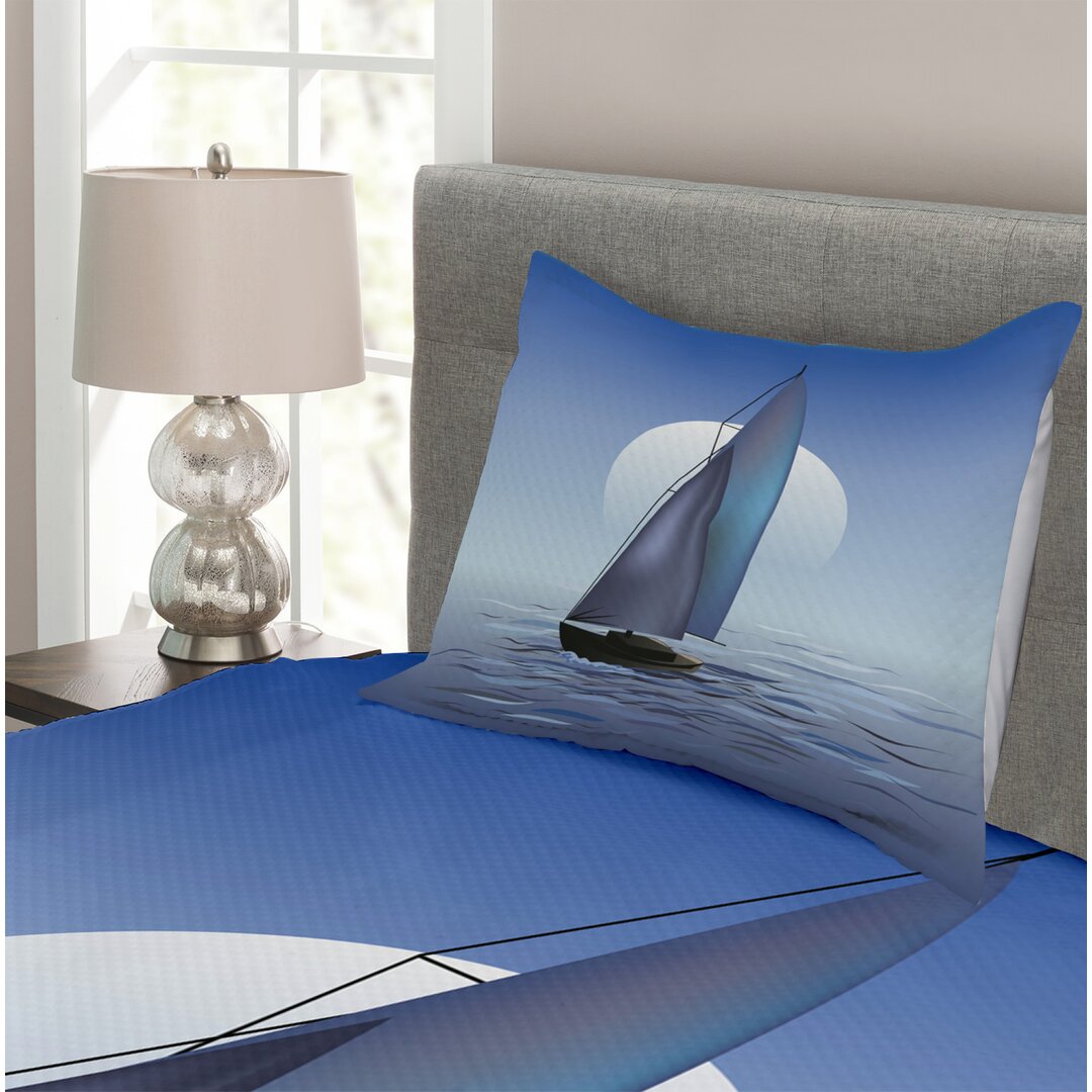 Gestepptes Bettdecken-Set, Segelboot Wellenförmige Serene, Nautisch, Violettblau