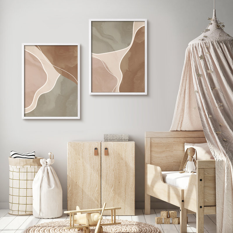 «Green Tan Brown», art moderne abstrait, impression encadrée, affiche, salle de bain, petit art mural, Blanc / Blanc