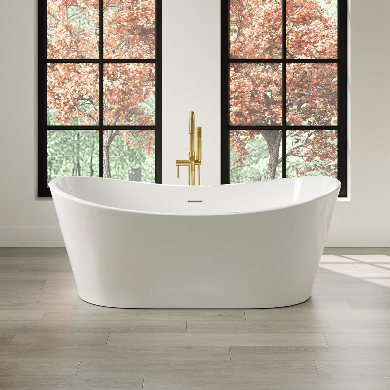 Herschel 60" x 28.74" Solid Surface Freestanding White Acrylic Soaking Bathtub, with Overflow and Brushed Gold Pop-up Drain