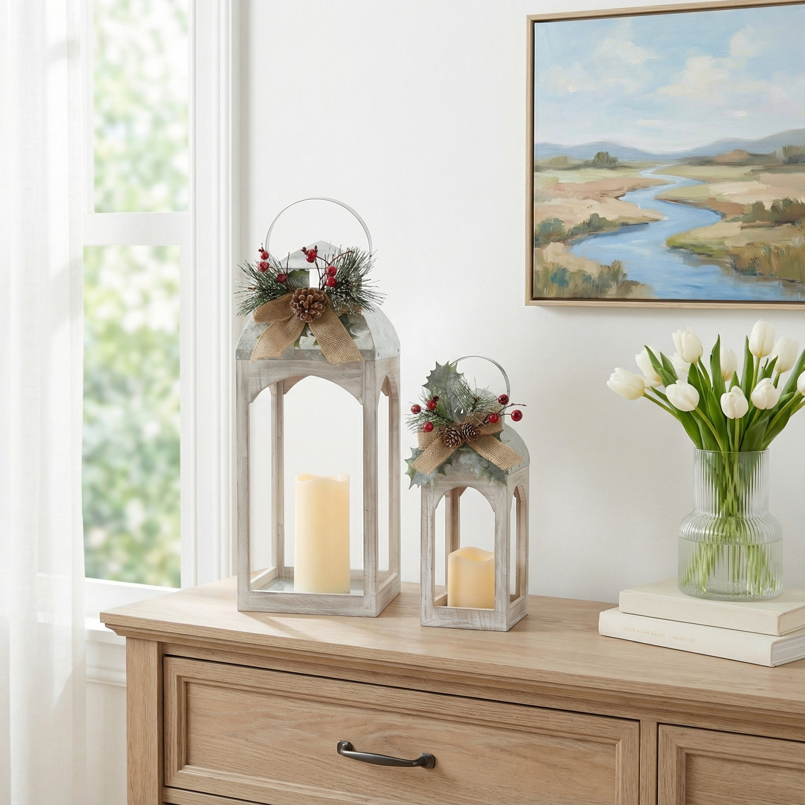 Set Of 2 Christmas Holiday Lantern With Floral Accents Led