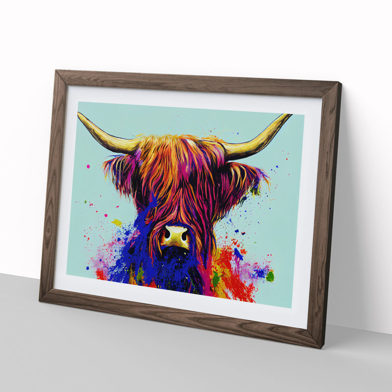 Highland Cow Splash Vol.3 Abstract - Single Picture Frame Painting, 46cm H x 64cm W x 2cm D, Walnut