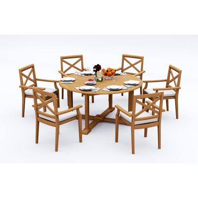 5 Pcs Grade-A Teak Wood Dining Set: 60" Round Table And 4 Damarrea Stacking Arm Chairs #11GR1204