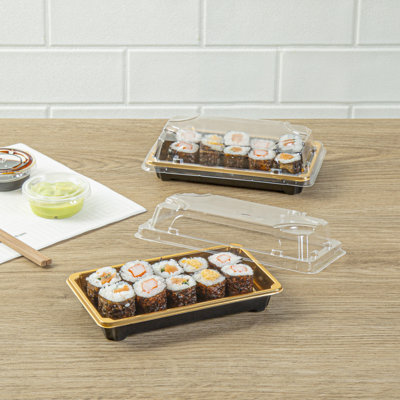 Restaurantware Plastic Sushi Trays 100 Pack of 6.1 x 3.5 x 1.77 Inch With Clear Lids Leak-Resistant Sushi Take Out Boxes Stackable Containers For Grab-And-Go