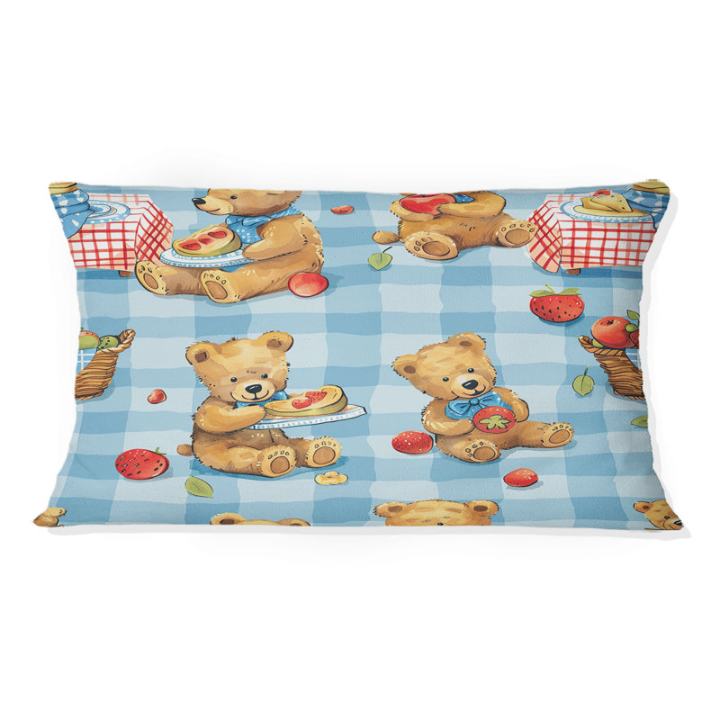 Pink Brown Teddy Bear Picnic II - Children Lumbar Pillow