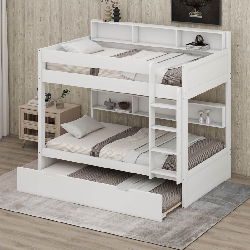 Bunk Bed Frame With Trundle And Storage Shelves, Solid Wood Floor Bunk Bed With Ladders And Guardrails, Twin Over Twin, White
