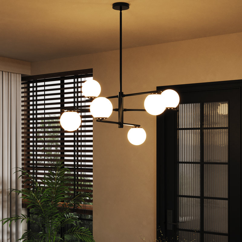 Glenarm 6-Light Dimmable Sputnik Chandelier with Frosted Glass Shade, Matte Black