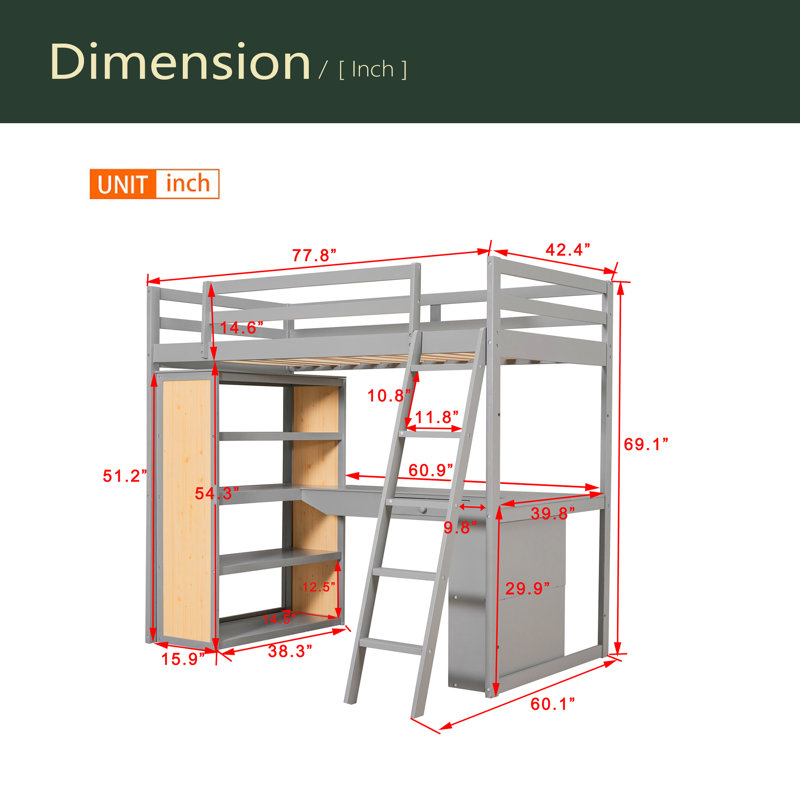 Lit mezzanine avec échelle, tablettes et bureau, Gris