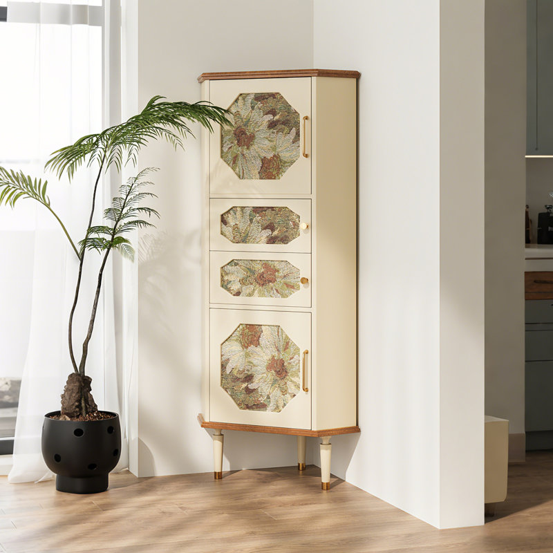 56.1"H Vintage Corner Cabinet, Freestanding Storage Shelf with Floral Art Print, Corner Organizer for Living Room & Bedroom