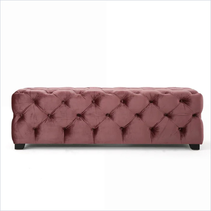 Ottoman, Modern Glam Velvet Button Tufted, 18.75”W x 50.75”D x 15.75”H for Seating/Coffee Table | Black | Wood, Pink