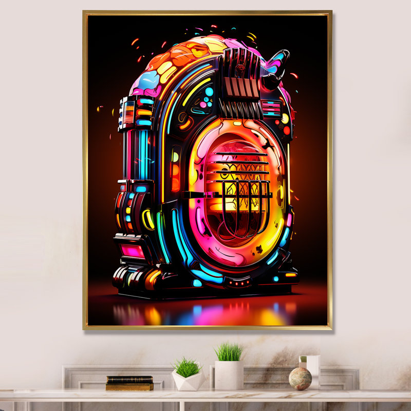 Jukebox Machine Neon Grooves 1 - Jukeboxes, art mural, Cadre flottant doré, H 32 po x l 24 po x P 1 po