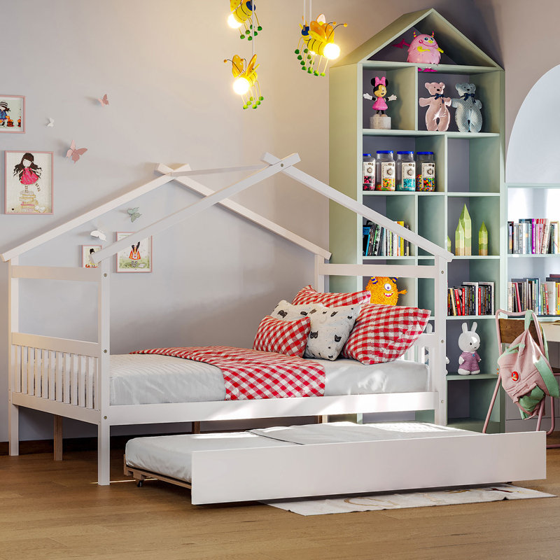 Lit en bois avec lit gigogne simple, Full, Blanc