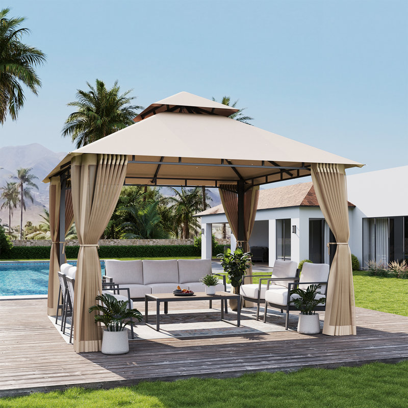10' x 10' Heavy Duty Patio Gazebo with Extended Eaves - Stable Frame Double Roof Pavilion with Netting and Built-In Drainage