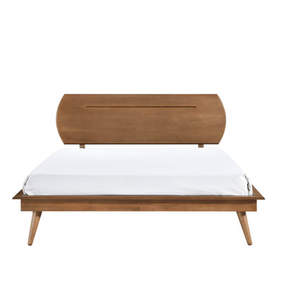 Lit double en bois avec tête de lit ovale et tête de lit décorative brune, texture brossée