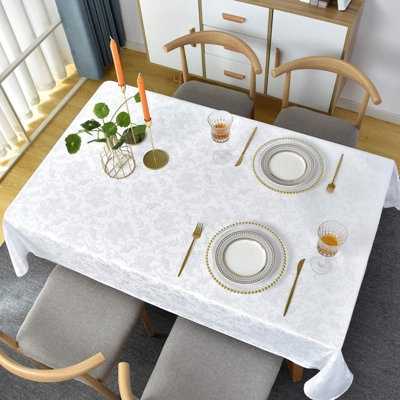 Tablecloth Floral Damask Table Cloth Spill Proof Dust-Proof Wrinkle Resistant Polyester Table Cover(152 x 305 CM (10-12 Seats), White)