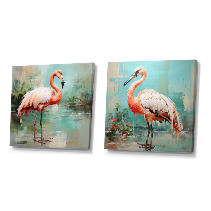 Pink And Green Flamingo Elegance I - Flamingo Canvas Prints Set Of 2, 16" H x 33" W x 1" D, Wrapped Canvas