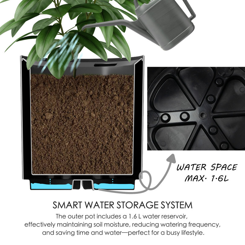 Black 16'' Tall Plastic Outdoor/Indoor Planter with Water Reservoir