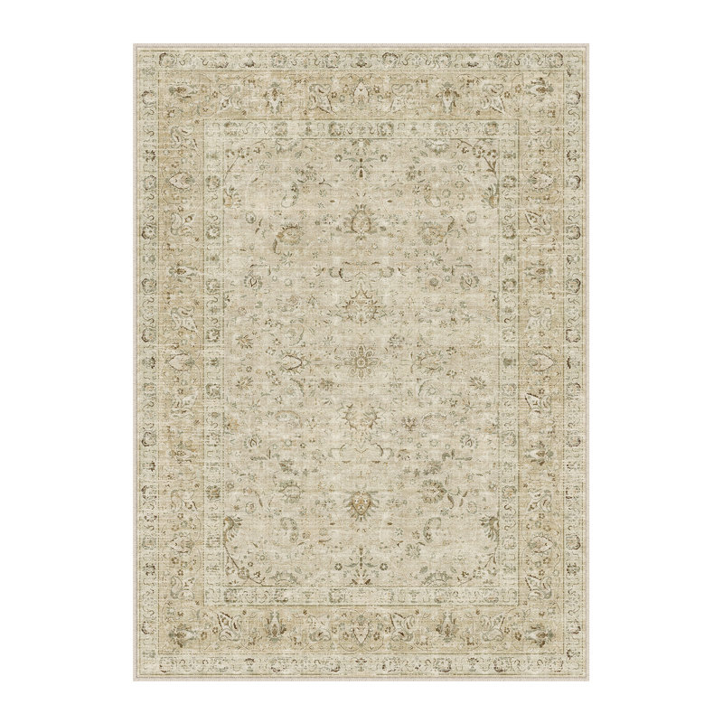 Sofia Vintage Washable Area Rug With Non-Slip Backing, Rectangle 5' x 7', Beige