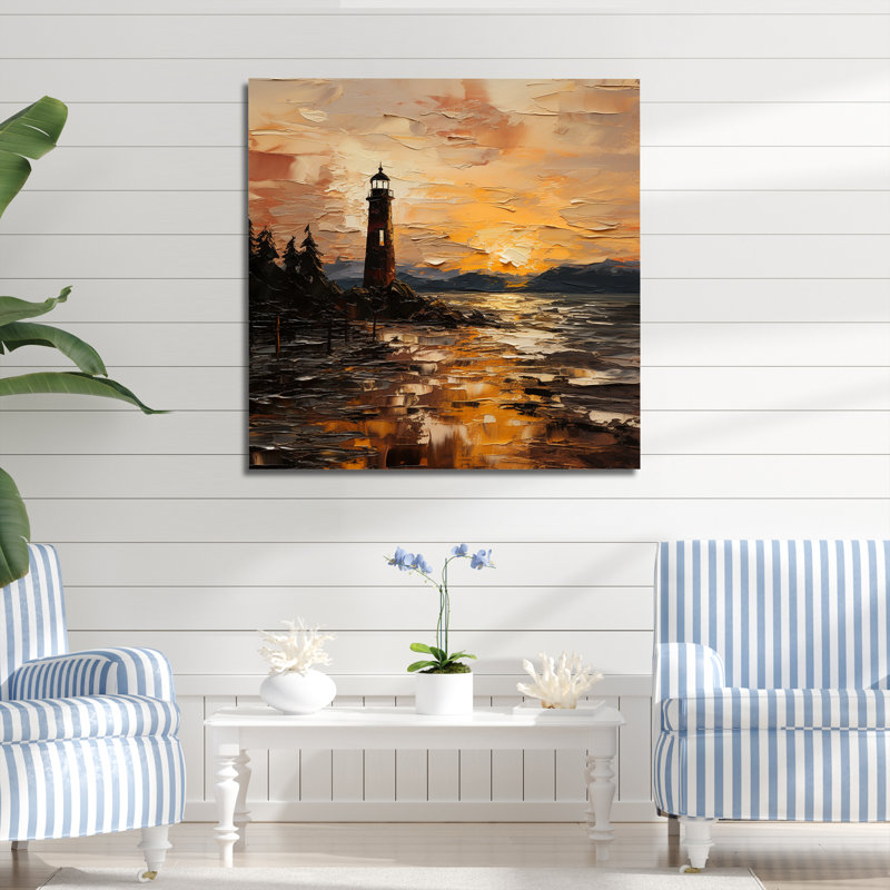 Phare au coucher du soleil, balise II - art mural Coastal Sunset, Toile tendue, H 36 po x l 36 po x P 1,5 po
