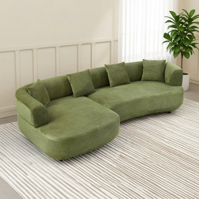 Modern Curved Sectional Sofa with right Chaise, Green Textured Fabric, Contemporary L-Shape Design Couch