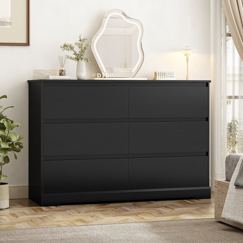 6 Drawer 47.2" W Wood Modern Double Dresser, Black
