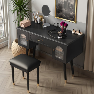 White Vanity Makeup Table with Charging Port & Glass Cabinets – Elegant Dressing Desk & Stool Set? by Everly Quinn