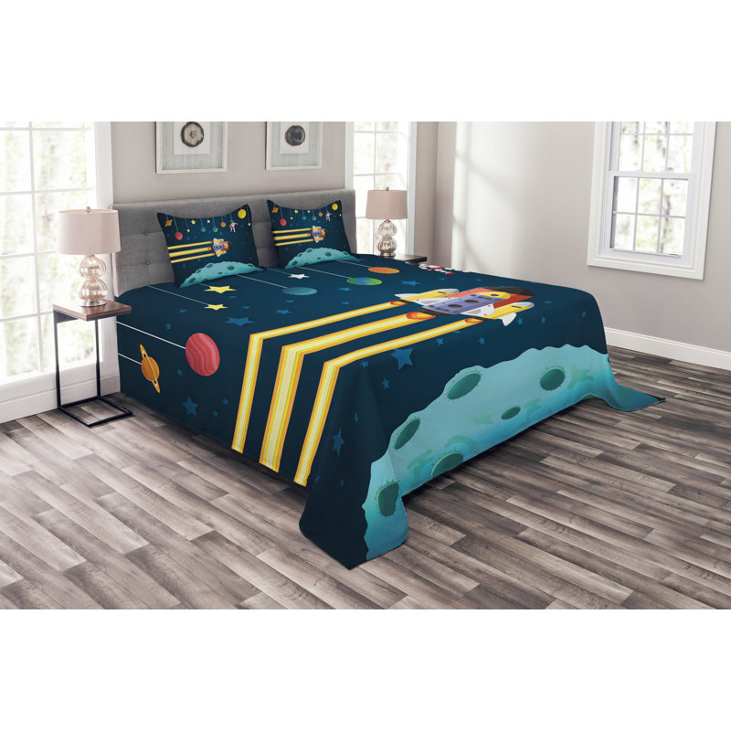 Abubakarr Blue/Yellow Microfibre Bedspread Set, 220 x 264 cm