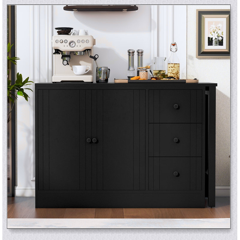 Buffet 89,7 po en bois avec table extensible, armoire de rangement multifonctionnelle pour le salon et la cuisine, Noir