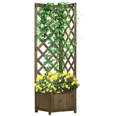 Outsunny Wooden Raised Garden Bed With Trellis, 57" Freestanding Corner Planter Box For Vine Plants Flowers Climbing And Planting Carbonized