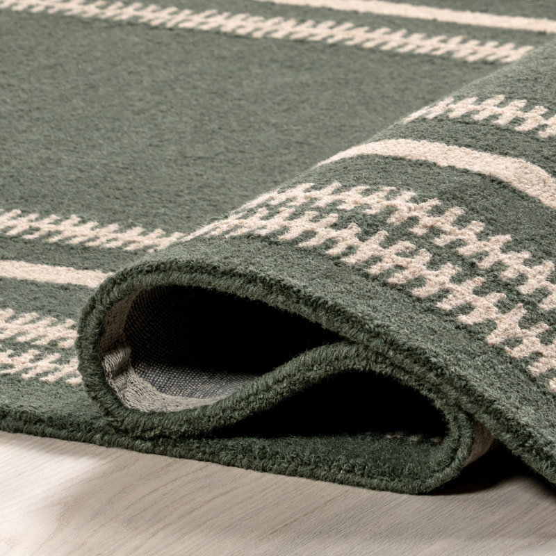 Handmade Green and Beige Wool Striped Rectangular Rug