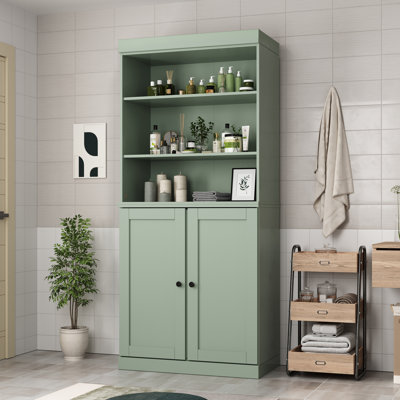 100% Solid Wood Bathroom Storage Cabinet with Bottom Shaker Doors, 2-Drawers and Adjustable Shelves, 32" W x 71.5" H