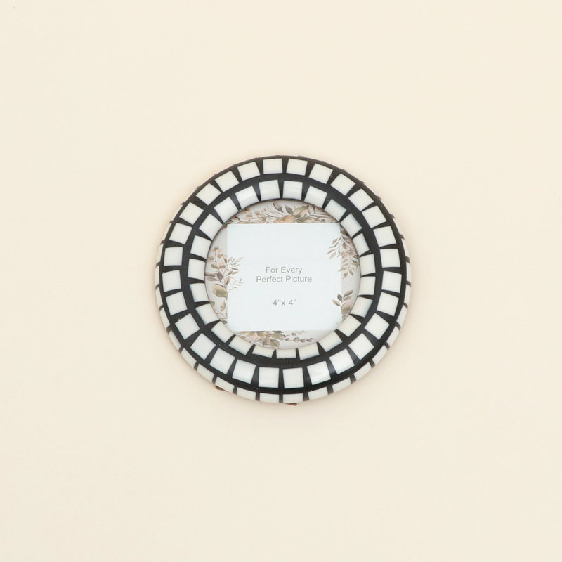 Cadre photo décoratif rond 10 x 10 cm avec motif en résine noire et blanche, façade en verre, finition polie
