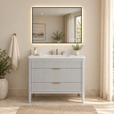 Meuble-lavabo sur pied gris mat de 91 cm (36 po) avec lavabo intégré et miroir de courtoisie à DEL de 91 x 76 cm (36 x 30 po).