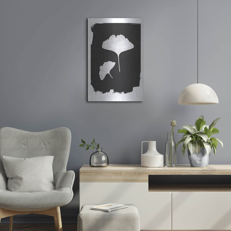 Art mural en métal de luxe «Nature par le lac Gingko 2 noir» par Piper Rhue, H 16 po x l 12 po