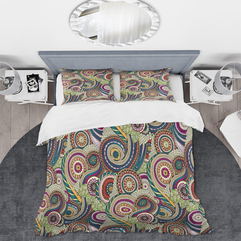 Retro Brown and Blue Flowers IV - Ensemble de housse de couette moderne - Polyester en microfibre
