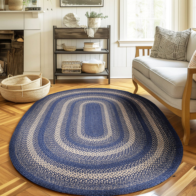 Camyla Farmhouse Braided Jute Blue Area Rug, Oval 5' x 7'