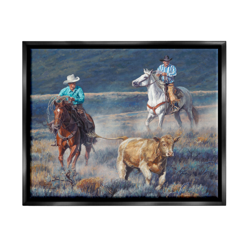 «Union Rustic Cowboys Wrangling Bovins», art mural encadré par David Graham, H 25 po x l 31 po x P 1,7 po