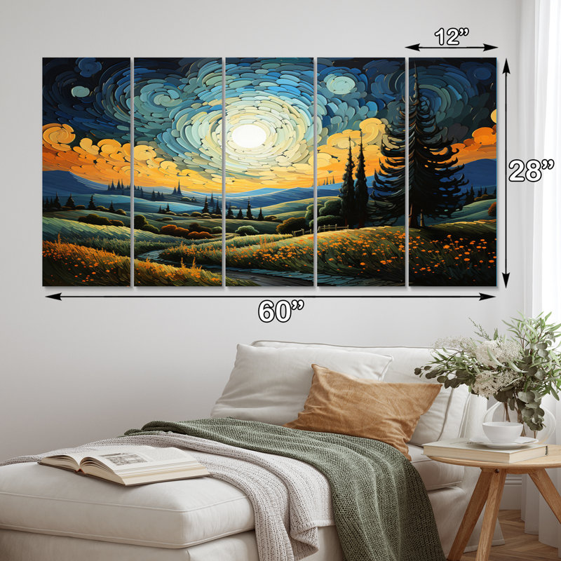 «Vangogh The Swaying Cypress III», impression sur toile Vangogh - 5 panneaux égaux