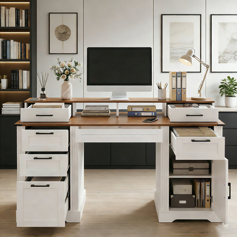 59" Farmhouse Office Desk With Charging Station & Barn Door,Computer Desk With File Drawer,Keyboard Tray, Walnut