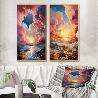 Nuage coucher de soleil à l'encre liquide, ensemble de 2 art mural