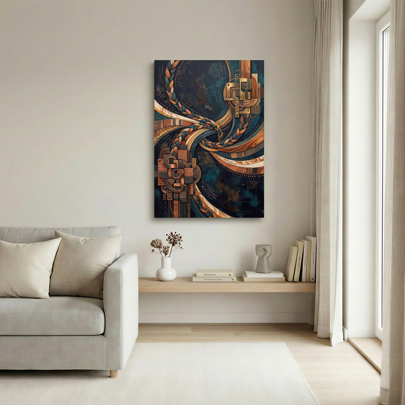 Toile abstraite bleu sarcelle et cuivre, H 30 po x l 20 po