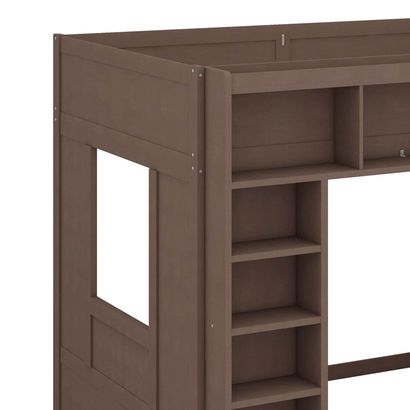 Grand lit mezzanine en bois avec armoires de rangement et tablettes, Brun
