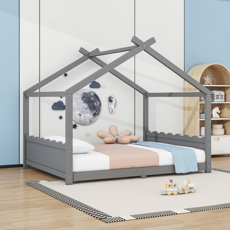 Wood House Floor Bed With Slats, Gray, Queen