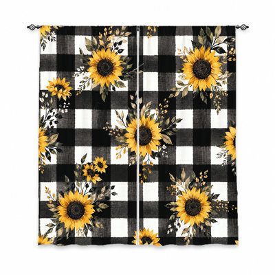 2Pcs Sunflower Buffalo Plaid Curtains, Light Filtering Fabric, Artistic Floral Design, Sunshade and Privacy Protection, Rod Pocket, for Living Room Bedroom Balcony Kitchen Home Decoration