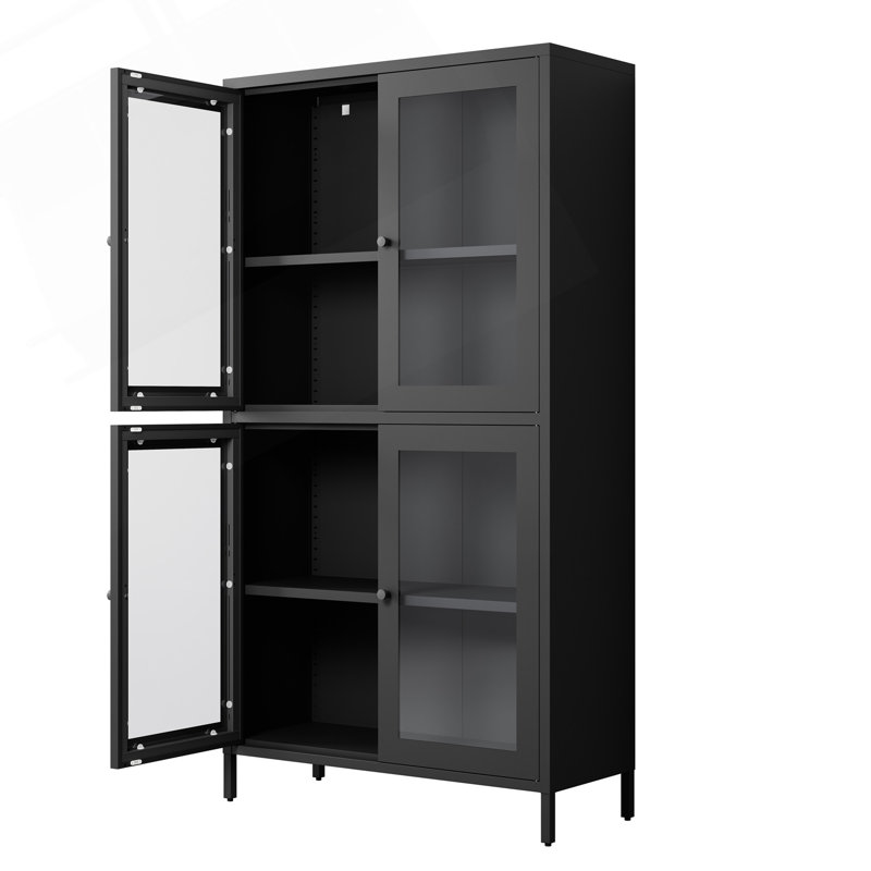 Armoire de rangement classique en métal avec 4 portes en verre et 4 tablettes, parfaite pour organiser et exposer à la maison ou au bureau
