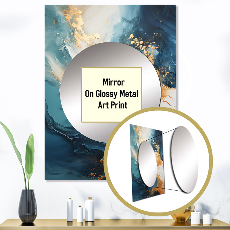 Yanal moderne bord de mer bleu et rivière dorée - miroir océan, miroir mural décoratif turquoise, impression d'art en métal