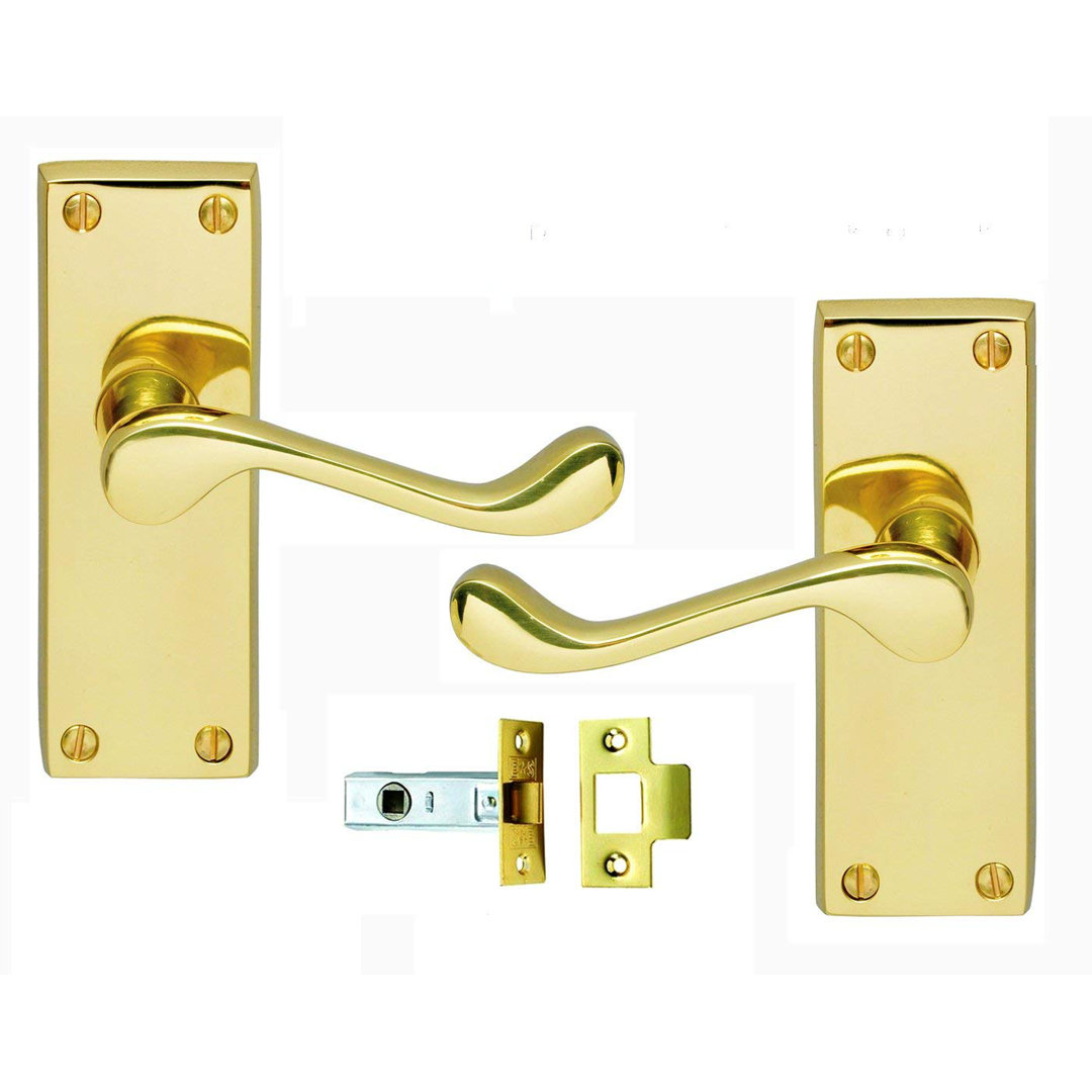 Golden Grace 5 Pairs Victorian Scroll Door Handles in Polished Brass Finish with Latch - 120mm Backplate