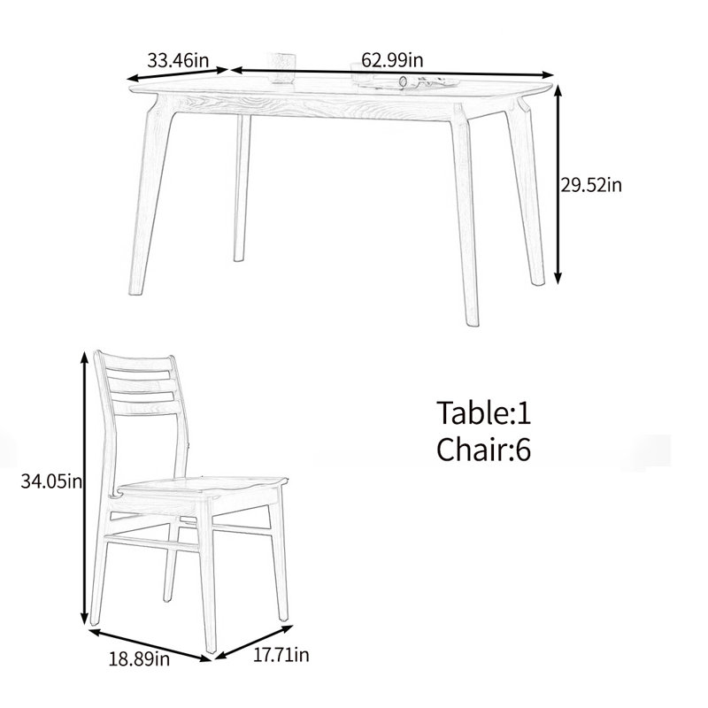 Ensemble de table de salle à manger en bois massif, H 29,52 po x L 62,99 po x l 33,46 po
