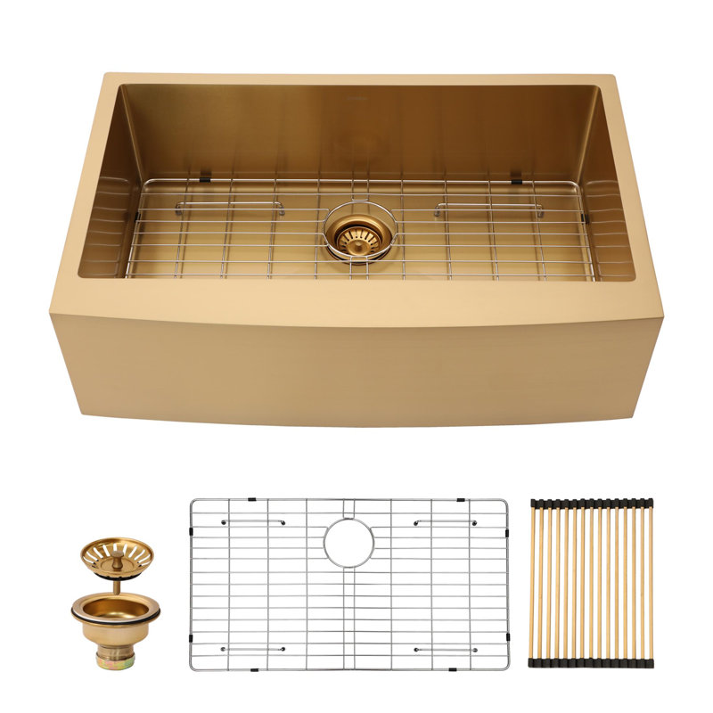 33'' L Farmhouse / Apron Single Bowl Stainless Steel Kitchen Sink, Gold
